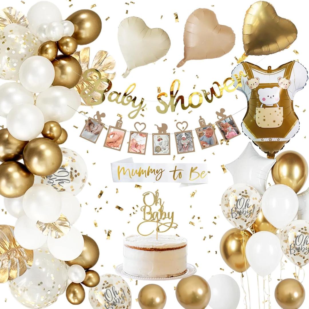 Baby Shower Decorations, Baby Shower Decorations Boy or Girls, White Gold Baby Shower Balloons, Baby Shower Photo Banner, Baby Shower Cake Toppers, Baby Shower Balloon for Gender Reveal Decorations