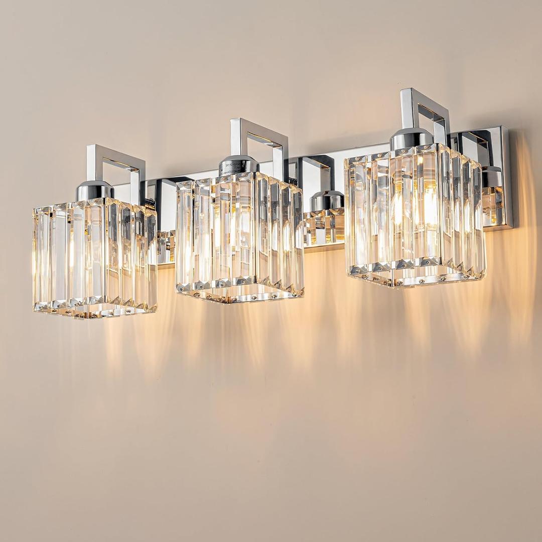 Modern Bathroom Vanity Light 3-Lights Chrome Crystal Wall Lamp Bathroom Modern Crystal Vanity Lighting