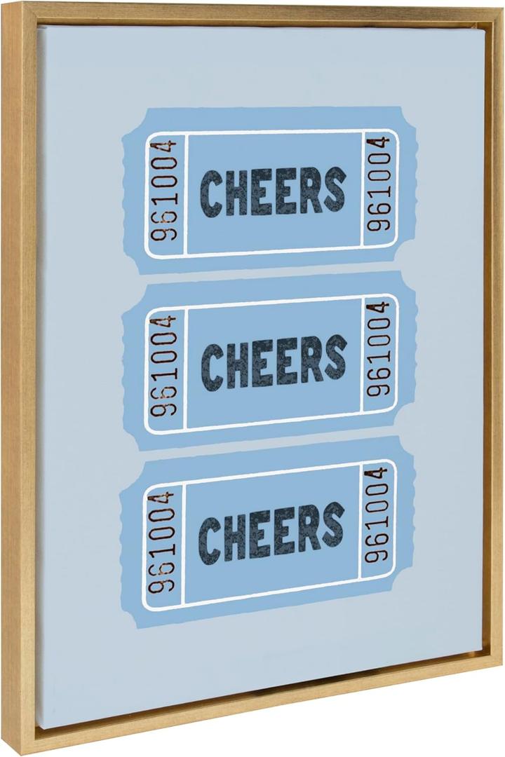 Kate and Laurel Sylvie Cheers Blue Ticket Framed Canvas Wall Art by Alli Standefer; 18x24 Bright Gold; Admission Ticket Art for Wall (18L" x 24W")