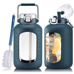WINSA Large Glass Water Bottles with Stainless Steel Handle,100 oz Gallon Drinking Bottle with 2in1 Straw Lid,3 Liter Glass Water Jug with Silicone Sleeve,Wide Mouth,Dark Blue