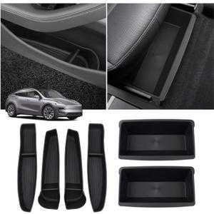 Canvcle 6PCS Under Seat Storage Box Organizer & Door Side Storage Box for 2025 2026 Tesla Model Y Juniper Accessories, Front Seats Underseat Storage Bins Door Tray Insert, Hidden Organizer TPE Black