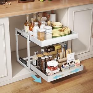 Golener 2-Tier Expandable Pull Out Cabinet Organizer - 21" Deep Slide Out Drawers for Kitchen Cabinets, Bathroom Organizers and Storage, Under Sink Organizer for Kitchen Storage Organization, White