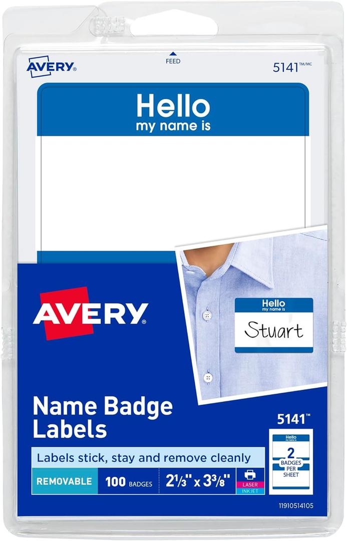 Avery Customizable Name Tags, Hello My Name is, White, Blue Border, Removable Adhesive, Laser/Inkjet Printable, 100 Total (5141) (2-1/3" x 3-3/8")