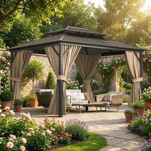 13'X10' Hardtop Gazebo, All-Weather Aluminum Frame Outdoor Canopy with Double Polycarbonate Roof, Permanent Outdoor Gazebo with Netting & Curtains for Garden, Lawns, Patio, Khaki.
