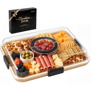 Renmxj Carbonized Charcuterie Board with Clear Lid, Portable Cheese Board Charcuterie Boxes Cutting Boards for Kitchen, House Warming Gifts New Home, Gifts for Women (Carbonized Bamboo, 1 Compartment)