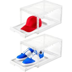 2 Pack Clear Shoe Boxes - Stackable Sneaker Display Case with Sliding Tray and Door, Large Shoe Containers Up to Fit Size 14, Plastic Shoe Storage Box, Great Hat Organizer for Baseball Caps