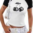 Pink Bow Cherries Shirt Women: Coquette Tops Clean Girl Aesthetic Shirts Casual Summer Short Sleeve Tshirt (S)