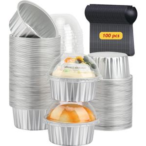 5oz Cupcake Pans Muffin Tins with Lids 100 Pack, LNYZQUS Aluminum Foil Mini Cake Baking Pans, Small Baking Cups Containers, Disposable Ramekins Muffin Cups - Silver (5 oz)