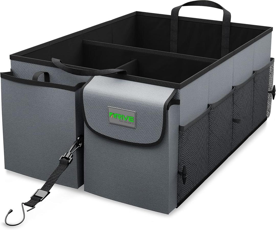 DRIVE - Car Trunk Organizer - Collapsible, Multi-Compartment Automotive SUV Car Organizer for Storage w/Adjustable Straps - Truck & Car Accessories for Women and Men - Grey (Gray)