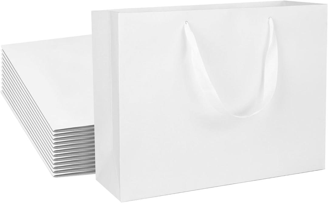 Extra Large Kraft Paper Gift Bags - 12 pcs, White, 16x6x12 Inches, Ribbon Handles, Party, Wedding and Shopping Bags