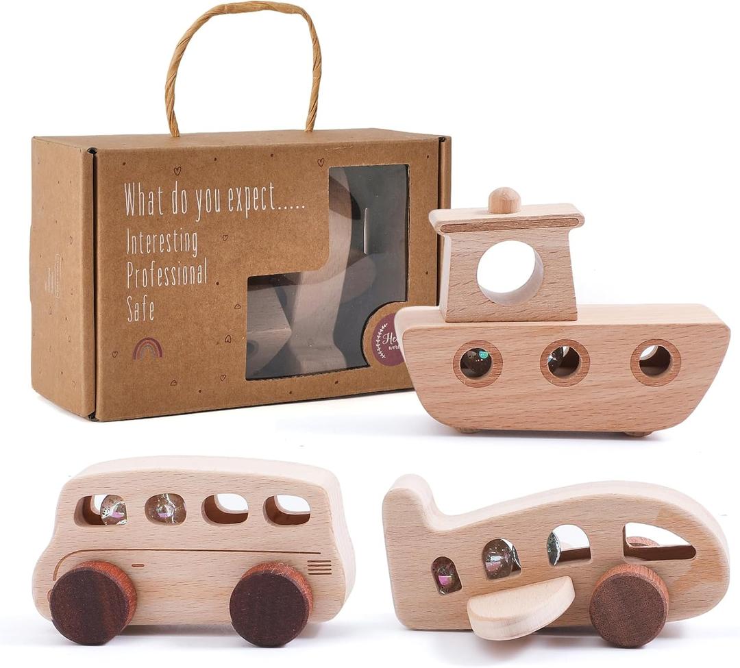 Wooden Cars for Toddlers 1-3, Wooden Vehicles Baby Cars Set with Bus, Airplane and Boat, Montessori Rattle Toys with Rolling Beads, Ideal for Boys and Girls