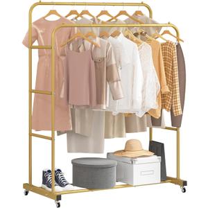 Laiensia Double Rods Clothing Rack with Wheels, Garment Rack for Hanging Clothes, Multi-functional Bedroom Clothes Rack, Gold