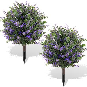 Artificial Boxwood Topiary Ball Trees with Ground Spikes UV Resistant Faux Greenery Shrubs Fake Shrubs for Outdoors, Realistic Faux Plants Bushes for Garden Porch Yard Patio Decor (Purple Green)