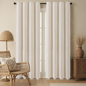 Boho Blackout Curtains Farmhouse 2 Panels Curtains 96 Inch Beige Linen Blend Curtains with Tassels and Embroidery for Living Room Bedroom