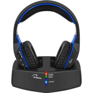 WallarGe Wireless Headphones for TV Watching with RF Transmitter Charging Dock, Plug and Play, 100 Ft Wireless Range, Rechargeable 20 Hour Battery (Black with Blue)