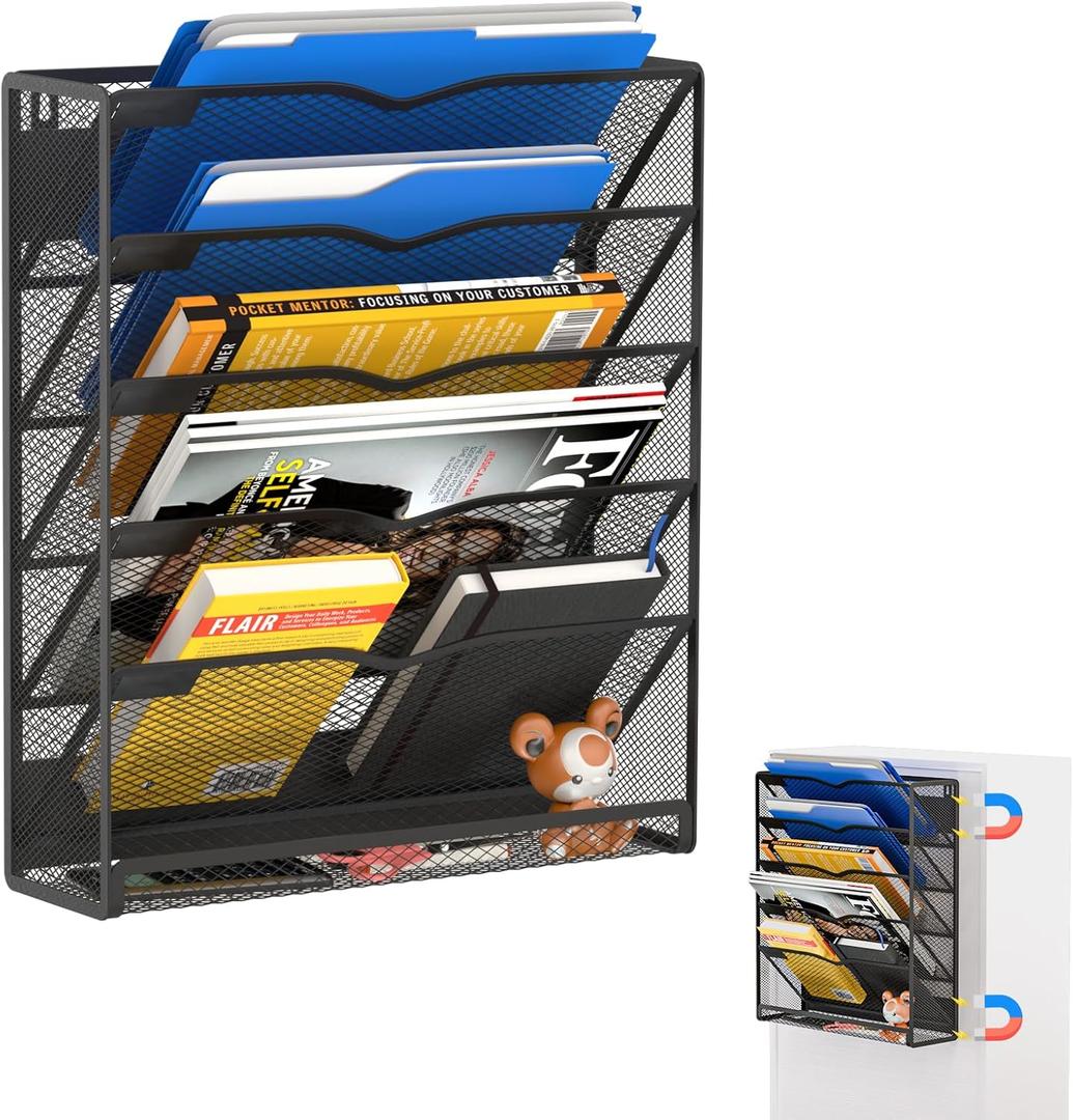 6-Tier Magnetic File Holder, No Drilling Magnetic File Organizer Folder Holder, Black Hanging Magnetic Paper Holder for Refrigerator, Whiteboard, File Cabinets, Office, Kitchen (Black, 6-Tier)