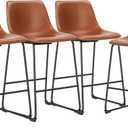 DUMOS 26 Inch Counter Height Bar Stools Set of 4, Modern Faux Leather High Barstools with Back and Metal Leg, Bar Chairs for Kitchen Island, Brown