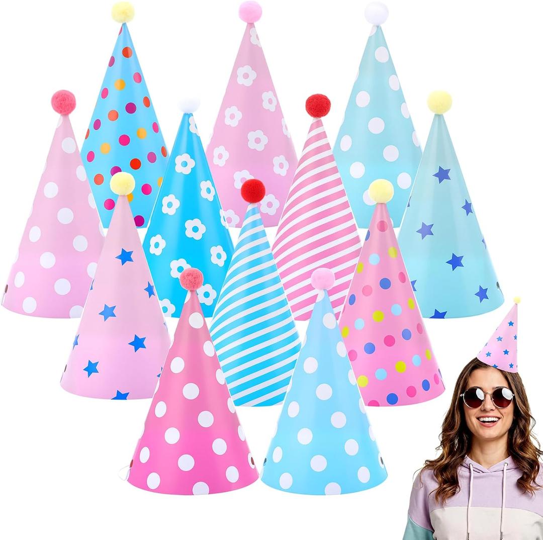 24 Pcs Party Hats with Pom Poms Birthday Cone Hats for Adults Colorful Pastel Paper Birthday Photo Props Headwear Decorations for Celebration Bridal Wedding Party Supplies