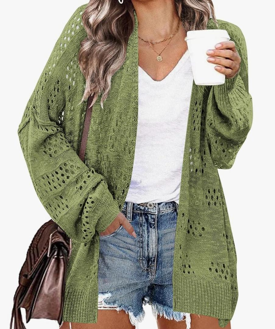 IN'VOLAND Womens Plus Size Crochet Cardigan Kimonos Boho Long Sleeve Oversized Summer Open Front Knitted Sweater, Small