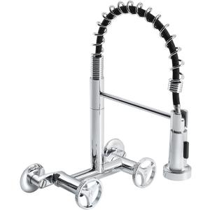 Wall Mount Kitchen Faucet with Pull Down Sprayer, 6 Inches Center Two Handles Commercial Kitchen Sink Faucet, 2 Functions Sprayer, Polished Chrome Utility Sink Faucet