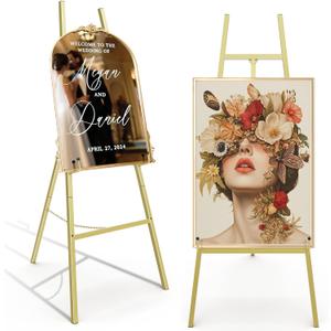 Gold Easel Stand for Sign, Heavy Duty Metal Display Easel with Adjustable Chain, 4-Tier Height Art Easel for Painting, Wedding Sign, Posters & Commercial Display