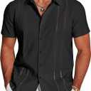 COOFANDY Men's Cuban Guayabera Shirt Short Sleeve Button Down Shirts Casual Summer Beach Linen Shirts (Black)