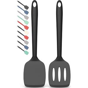 Coukre 2 Pack Silicone Spatula Set, High Heat Resistant, BPA Free Kitchen Spatula, Solid & Slotted Turner for Non-Stick Pans, Sauting, and Flipping (2, PureBlack)