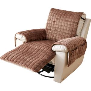 Plush Recliner Slipcover 30 Inches Washable Chair Covers Artificial Wool Lazy Boy Cover Quilted Cover for Recliner Chairs and Furniture, Large Taupe Chair Protector with Side Pocket for Kids/Pets (Coffee)