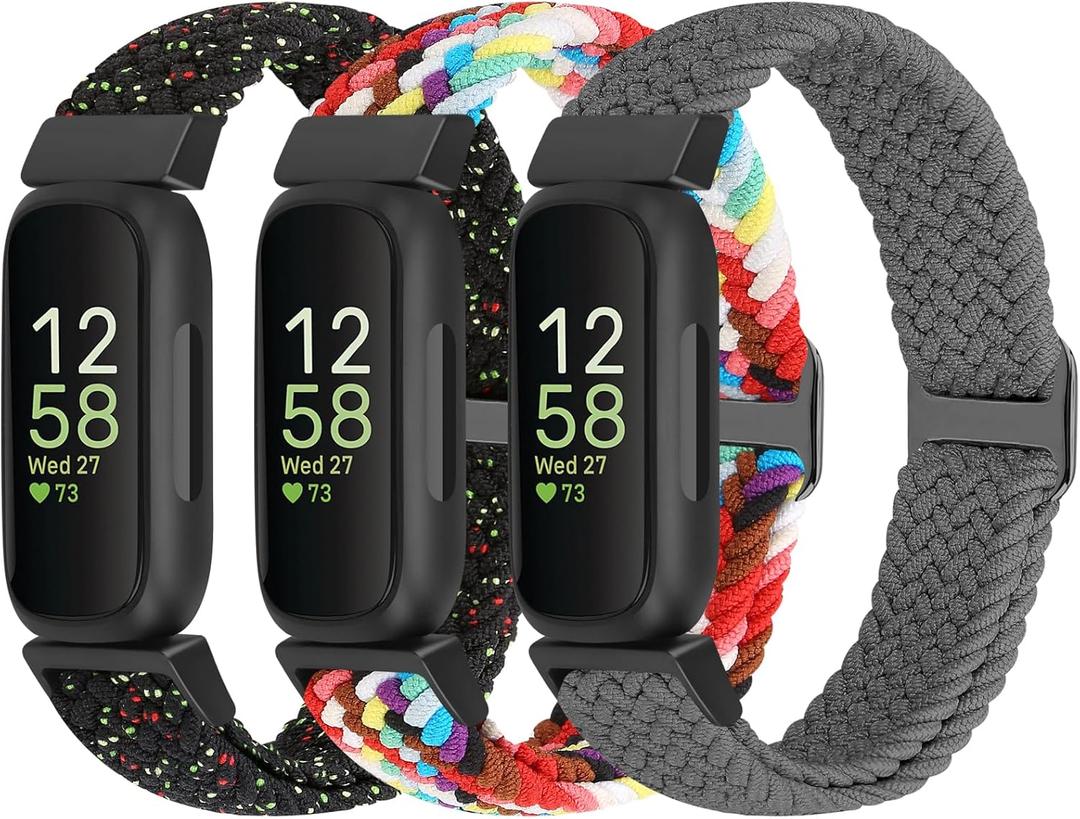 WolliLe Braided Watch Bands Compatible with Fitbit Inspire 3/Inspire 2/Inspire/Inspire HR/Fitbit ace 3/Ace 2, Soft Adjustable Nylon Loop Elastic Strap Sport Replacement Wristbands for Women Men (Starlight Black+Official Rainbow+Space Gray)