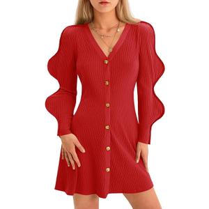 Wenrine Womens Puff Long Sleeve Sweater Dress Casual Button Down V Neck Ribbed Knit A Line Party Fall Mini Dresses Size L