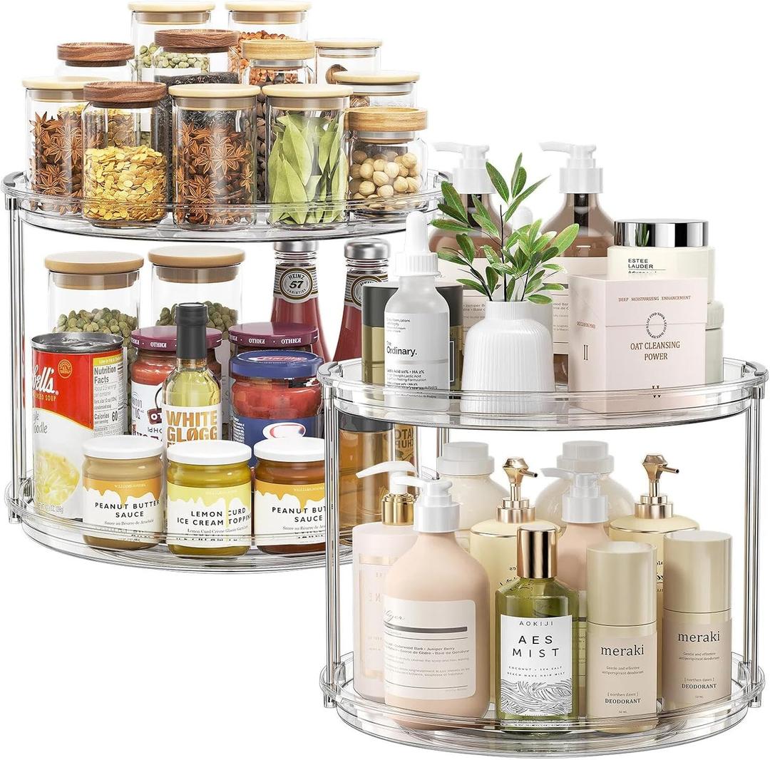 LAMU 2Pack 2 Tier Lazy Susan Organizer 12 inch Large Lazy Susan Turntable Rotating Spice Rack Organization for Cabinet, Kitchen, Pantry, Countertop, Bathroom, Vanity, Medicine Cabinet Organizer, Clear