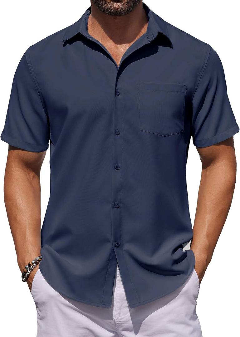 COOFANDY Mens Button Down Shirts Short Sleeve Stain Shield Dress Shirts Business Casual Shirt with Pocket (Medium, Navy Blue)