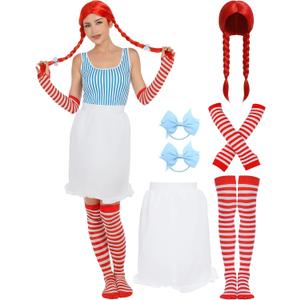 Halloween Fast Food Costume Women Include Red Wig White Half Waist Apron Long Arm Warmer Gloves Striped High Knee Socks for Deluxe Halloween Cosplay