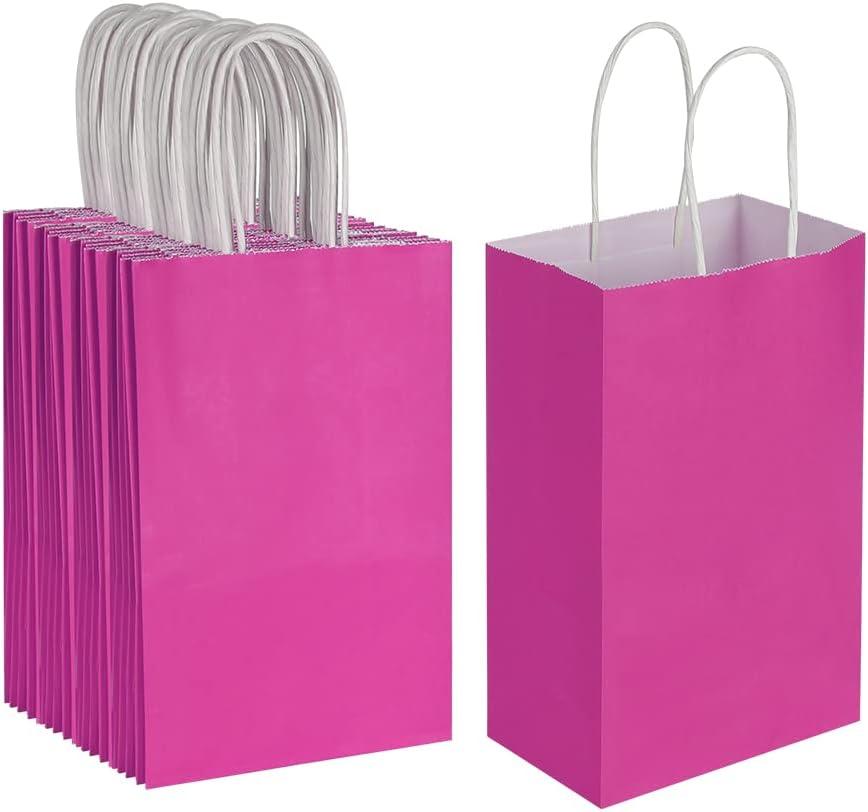 Oikss 50 Pack 5.25x3.25x8.25 Inch Small Hot Pink Kraft Paper Bags with Handles Bulk for Birthday Wedding Party Favors Grocery Retail Shopping Business Goody Craft Gift Bags Sacks (Fuchsia 50pcs Count)