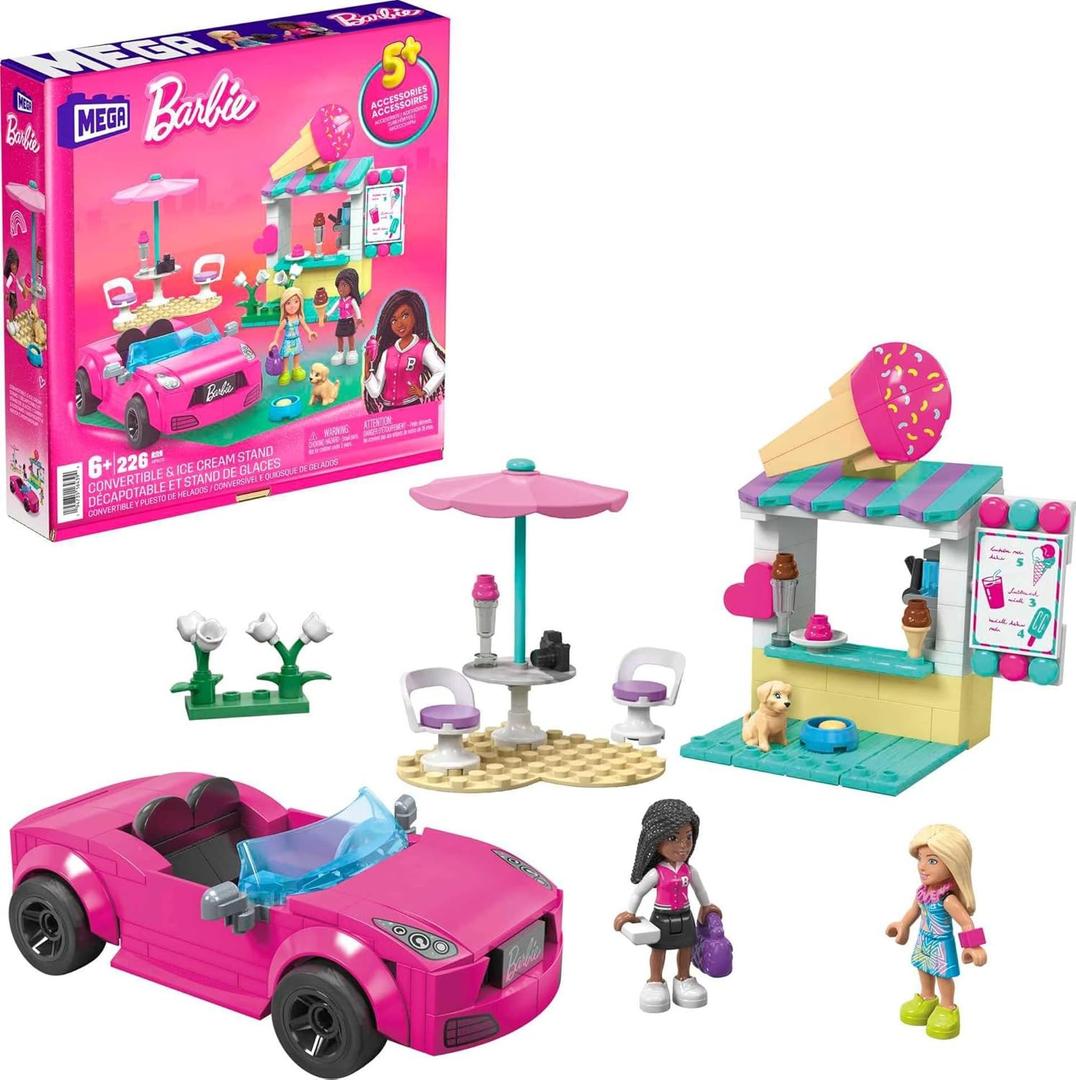 MEGA Barbie Kids Building Toy Set, Convertible & Ice Cream Stand with 226 Pieces, 2 Micro-Dolls and Accessories, Pink, Ages 6+ Years