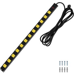 SURAIELEC 12 Outlet Long Metal Power Strip, 15 FT Cord Surge Protector, Angled Flat Plug, Wide Spaced Outlet Power Bar, 15A Breaker, Wall Mountable, Industrial Heavy Duty for Work Bench, Shop, Garage