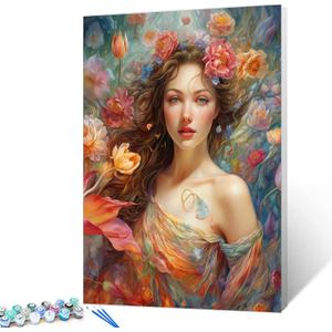 Romantic Pink Rose Paint By Bumbers for Adults Beginner America Girl with Flower Head DIY Paint by Numbers Acrylic Paint Canvas Boho Floral Paintwork Farmhouse Bedroom Decor Kits Gift(16x20 Inch) (Artwork-05)