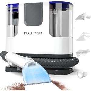 Upholstery Carpet Cleaner Machine, MUJERBAY Portable Spot & Stain Cleaner Shampooer, Move with Universal Wheels & Handle, 1.18-inch Deep Cleaning Machine for Couch, Stairs, Car & Messes.White.