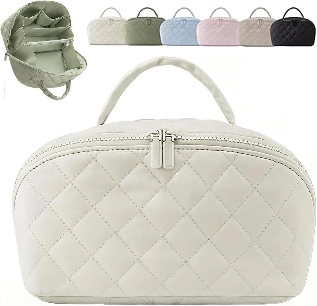 Makeup Travel Bag, Makeup Bag for Woman, Wide-Open Lay-Flat Cosmetic Bags, Large Capacity Water-Resistant Toiletry Organizer with Compartments, 180 Open Travel Makeup Case (Write)