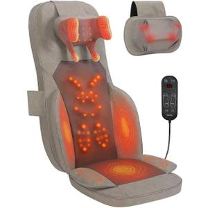 Shiatsu Massage Cushion for Neck and Back with Heat - 4D Kneading, Vibration for Muscle Relief, Dual-Neck Design, Adjustable Intensity and Height for Office Chair and Home Use, Brown