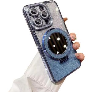 Fycyko for iPhone 13 Pro with Mirror Kickstand Glitter Luxury Holder Stand Plated Bling Aesthetic Phone Case Shockproof for iPhone 13 Pro-Blue