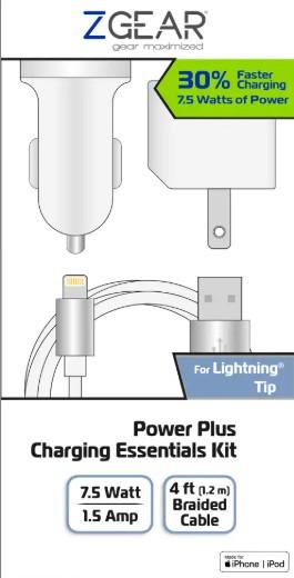 ZGEAR Power Plus Charging Essentials 3 Pc Kit 4Ft Braided Cable 7.5 Watt Car & Wall Chargers