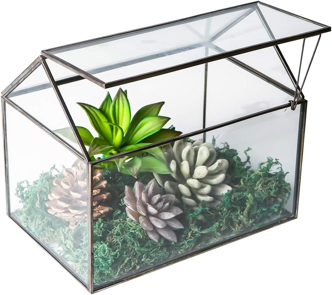 House Shape Close Glass Geometric Terrarium Tabletop Succulent Plant House Garden Planter Moss Fern Swing Lid, Flower Pot for Plants Succulent, Air Plant (Black)
