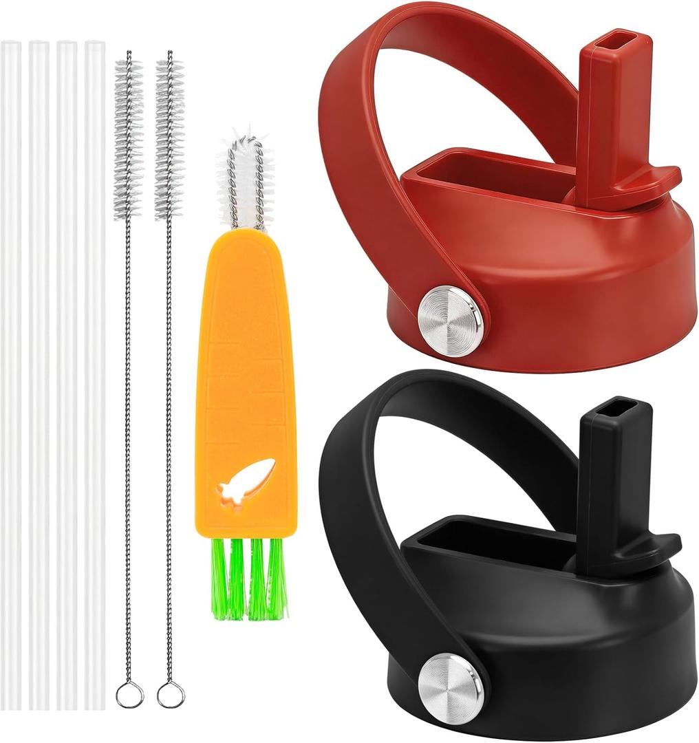 Straw Lid for Hydro Flask Wide Mouth,2PACK Lids with Straw for Hydroflask 12 16 18 20 32 40 oz Wide Mouth,Leak-Proof Drinking Cap with Flexible Handle,Top Sport Bottle Lids with Lid Brush (Black+Red)