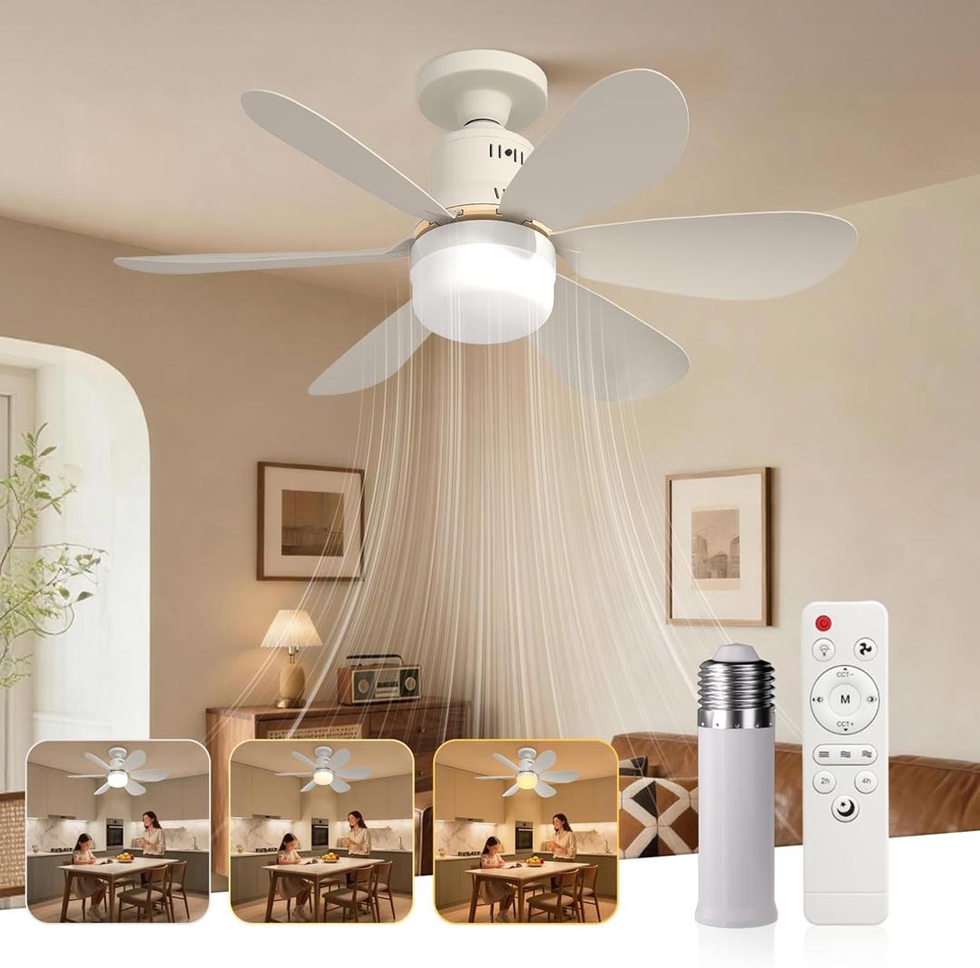 Socket Fan Light with Remote - 20'' Modern Small Ceiling Fans with Lights, 2200 Lumens Dimmable Led Bulb, 3 Colors 3000K-6500K, Easy Install Screw in E26 Base for Bedroom Living Room Kitchen Garage