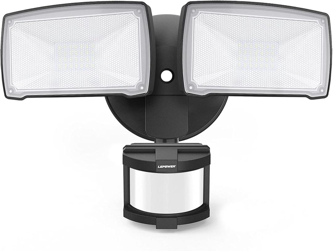 LEPOWER LED Security Lights Motion Sensor Light Outdoor, 30W 3200LM Motion Security Light, 5500K, IP65 Waterproof, 2 Head Motion Detector Flood Light for Garage, Yard, Porch, Black (Not Solar Powered)