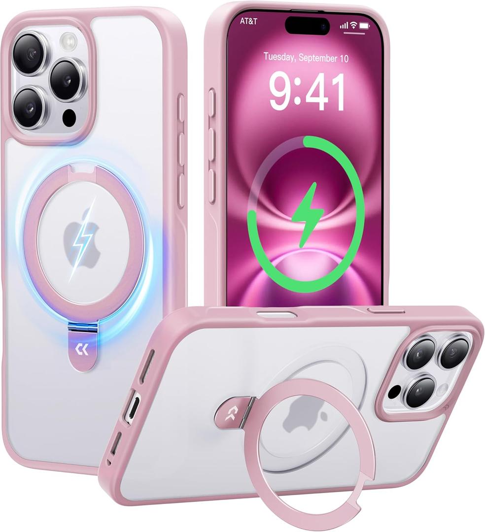CASEKOO Designed for iPhone 16 Pro Case with Magnetic Invisible Stand [Military Drop Protection] [Compatible with MagSafe] Shockproof Slim Matte Translucent Case 6.3 Inch, Pink