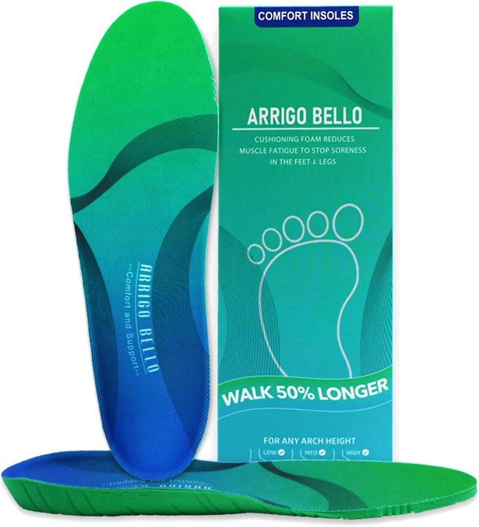 ARRIGO BELLO Insoles Men Women Walker Longer Comfortable Shoe Insert Cushioning Foam Without Muscle Fatigue Flexible Arch Support for Walking, Hiking, and Standing on Feet All-Day (Green) (L/Men 8-9/Women 9-10(278cm))