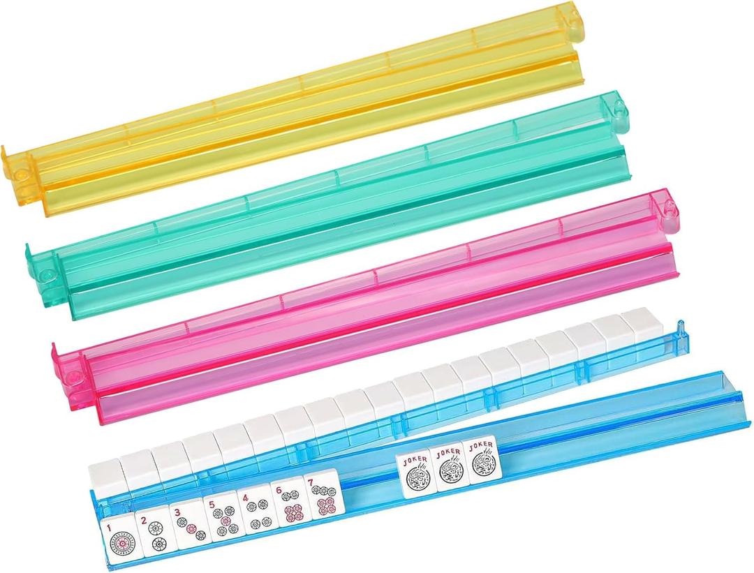 Modern American Mahjong Rack and Pusher Set, Acrylic Tile Holders in Yellow, Green, Pink, Blue, 4-Piece Combo