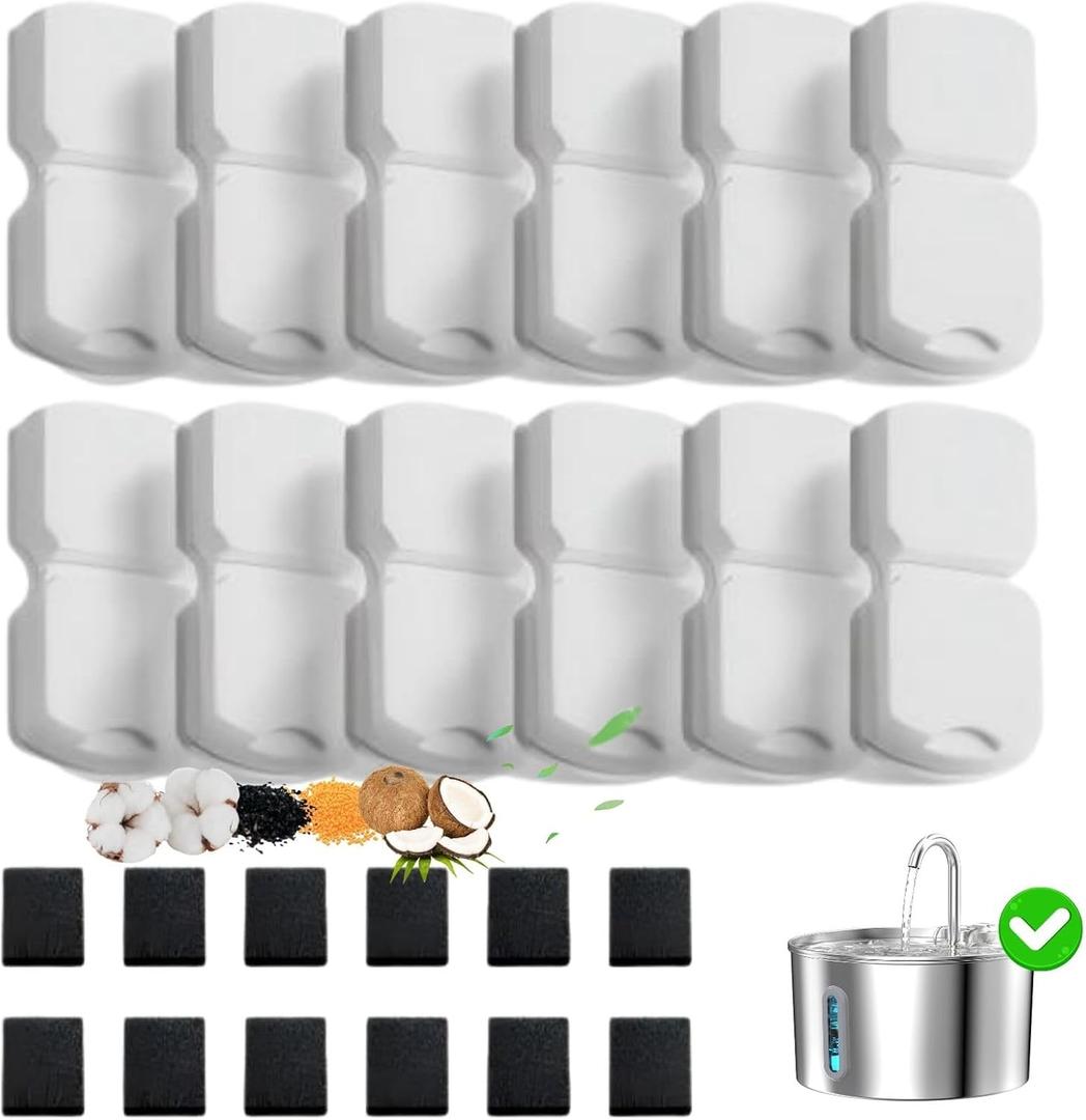 KOOGMOON Cat Water Fountain Filters: 12 Filters + 12 Sponges Cat Fountain Replacement Filters for Cat Fountain with Activated Carbon Filter and Ultra-fine Fiber
